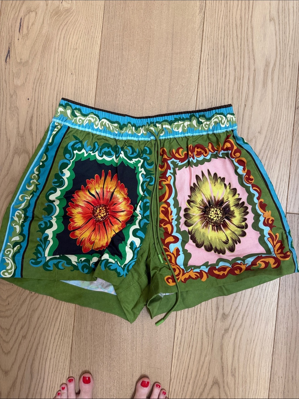 Alemais Green Floral Print Drawstring Shorts